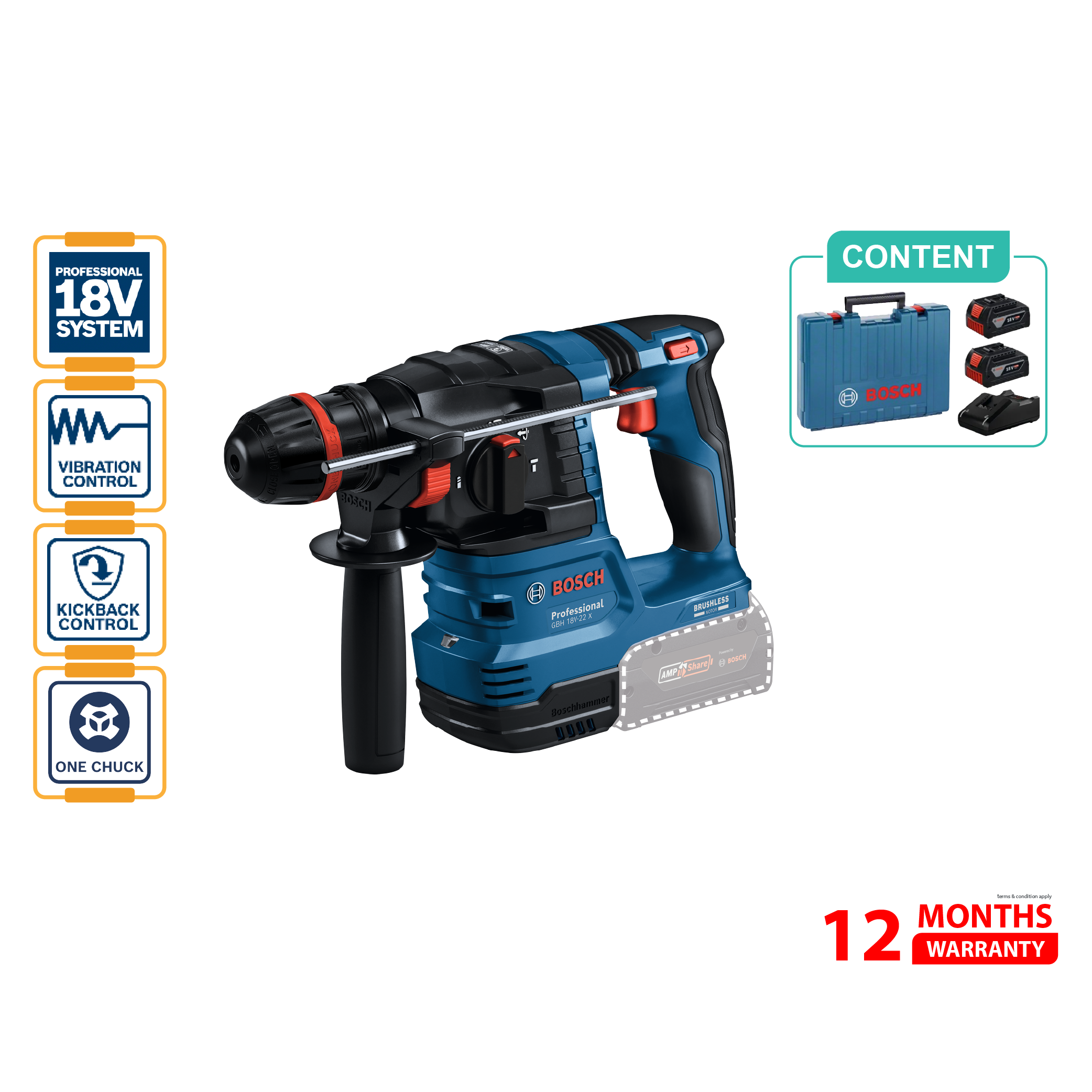 BOSCH GBH 18V-22 X Cordless Rotary Hammer with ONECHUCK - 06119241L0