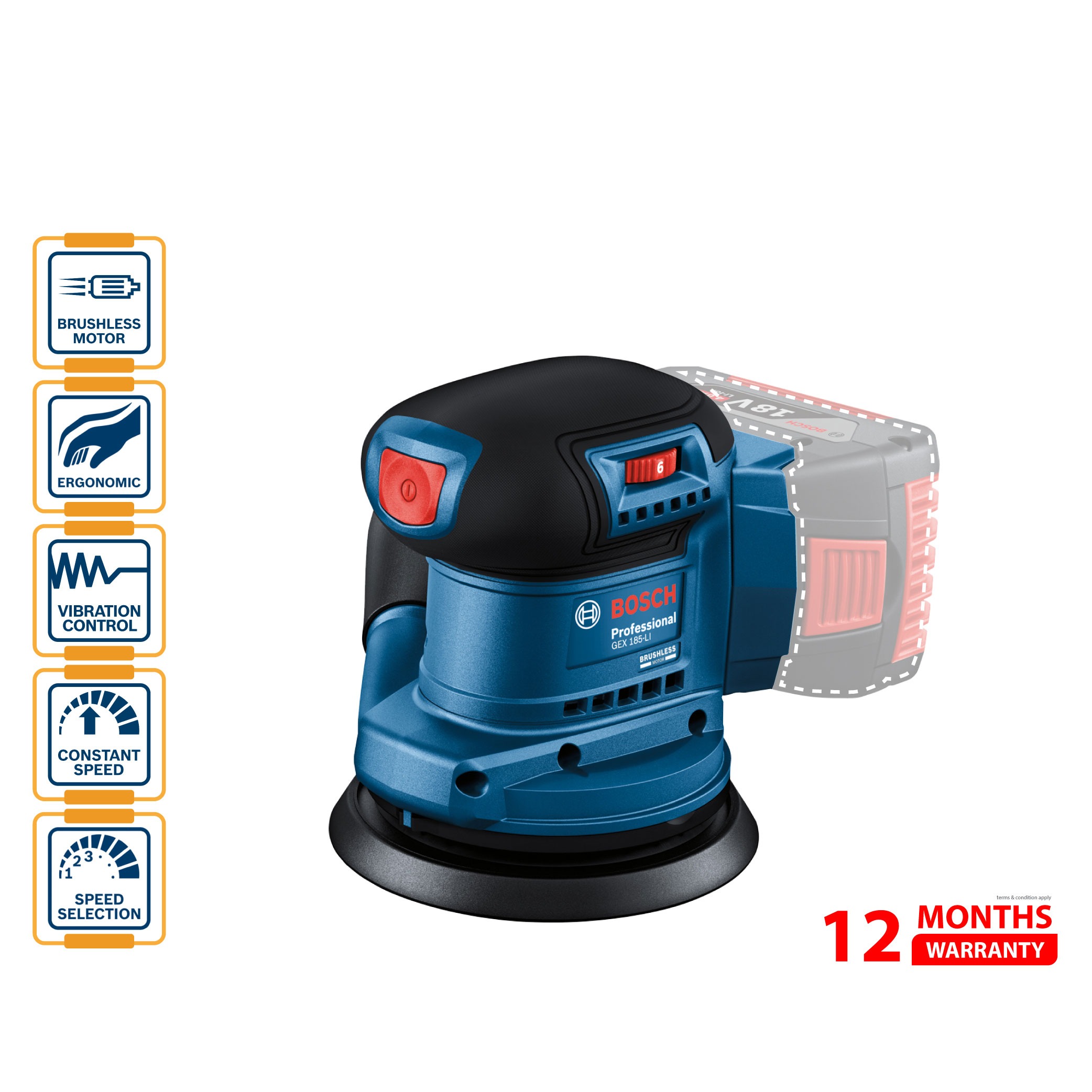 BOSCH GEX 185 LI Random Orbit Sander (Solo)