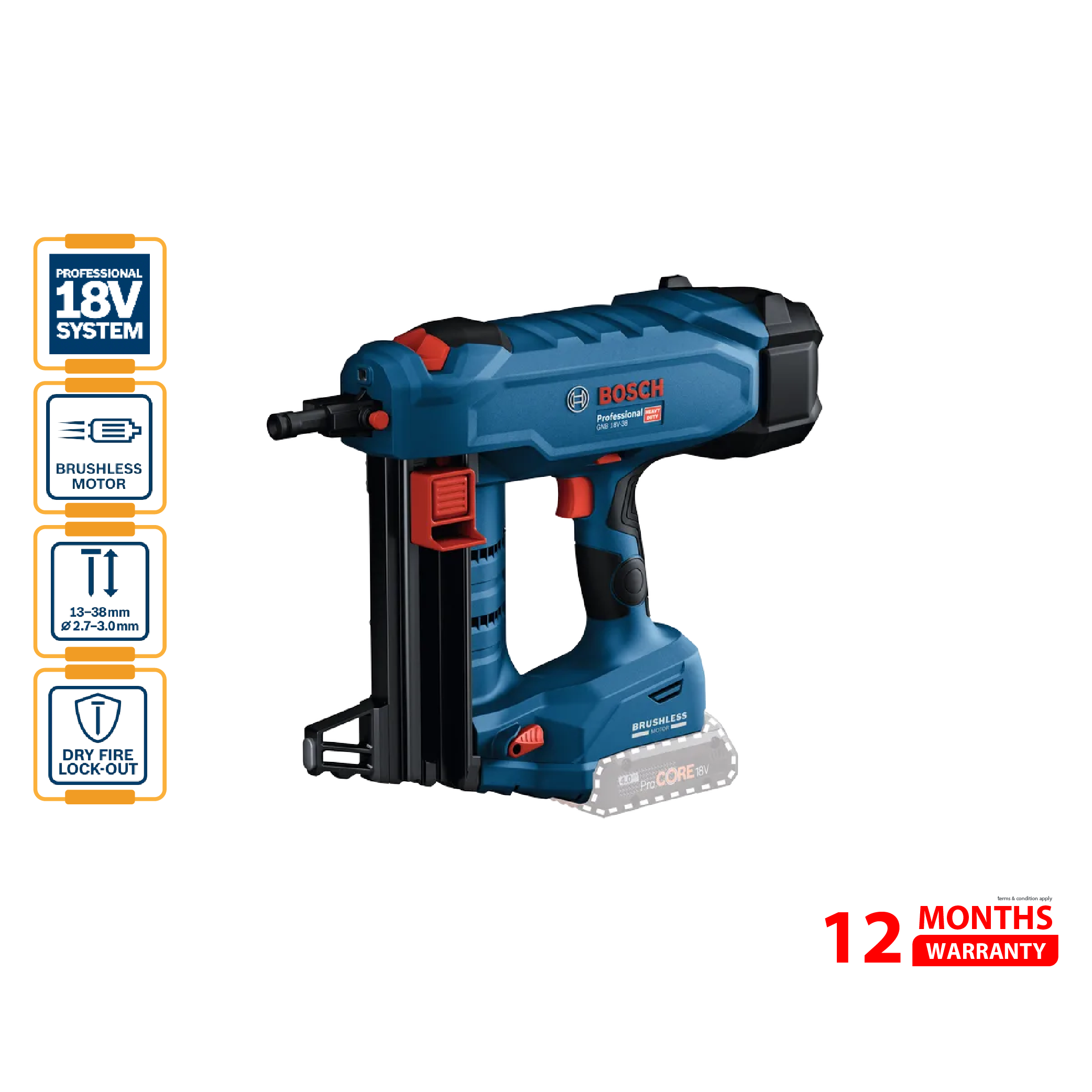 BOSCH GNB 18V-38 Cordless Concrete Nailer (Solo) - 06019L7000