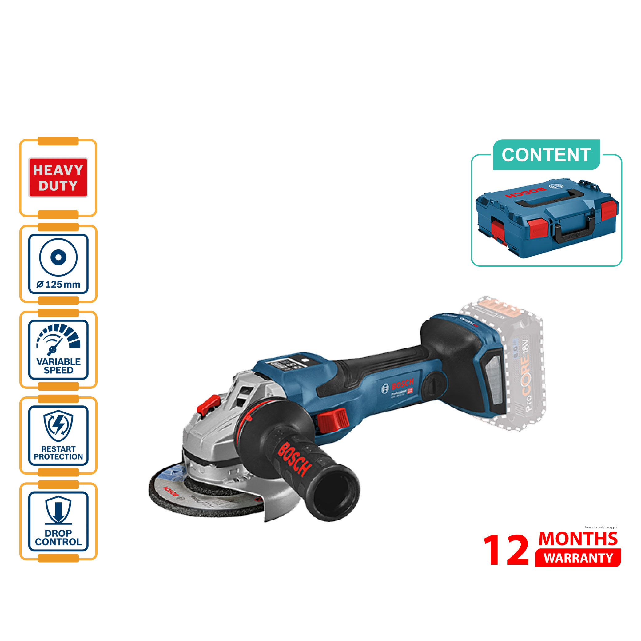 BOSCH GWS 18V-15 SC Cordless Angle Grinder BITURBO 4" / 100MM (Solo) - 06019H61B2