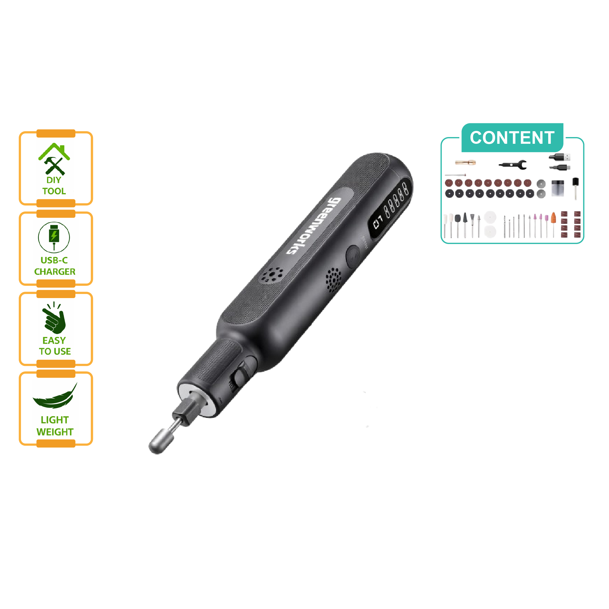 GREENWORKS 8V Engraving Tool Set - AGK302