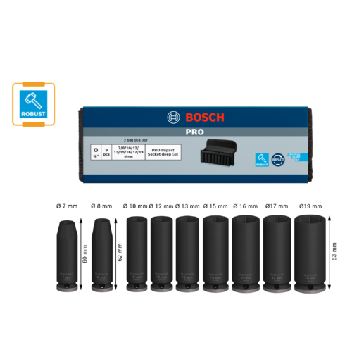 BOSCH 3/8″ Dr Impact Deep Socket Set 7 – 19mm (9 Pcs) –